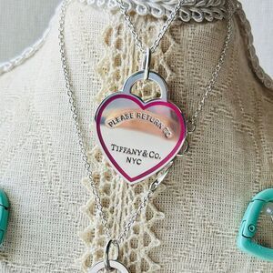 LARGE Return To Tiffany & Co Pink Enamel Outline Heart Charm Pendant Silver